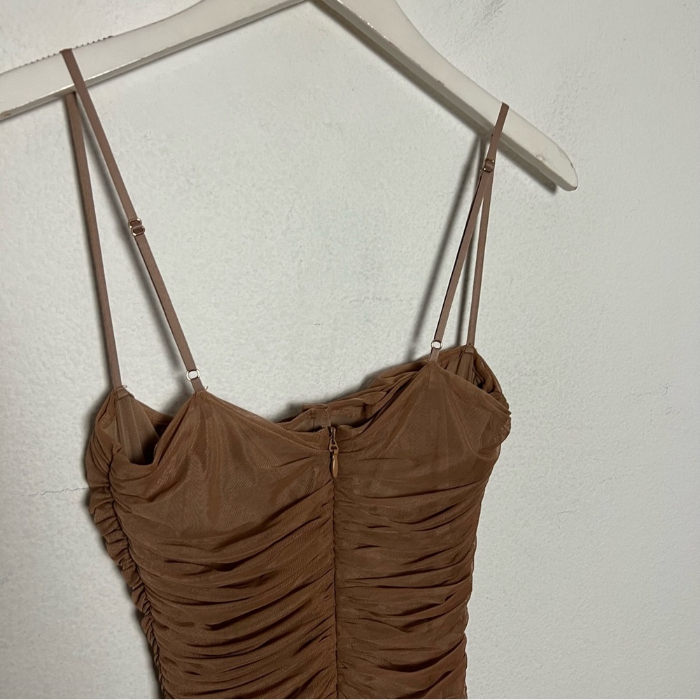 House of CB Fornarina Organza Mesh Ruched Maxi Dress Tan Size Small - Picture 10 of 12